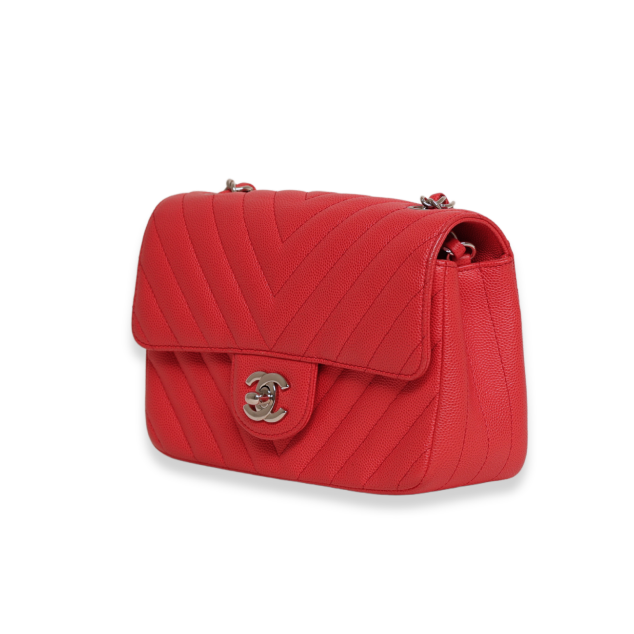 Chanel - Caviar Chevron Quilted Mini Rectangular Flap Red (Pre-Owned)