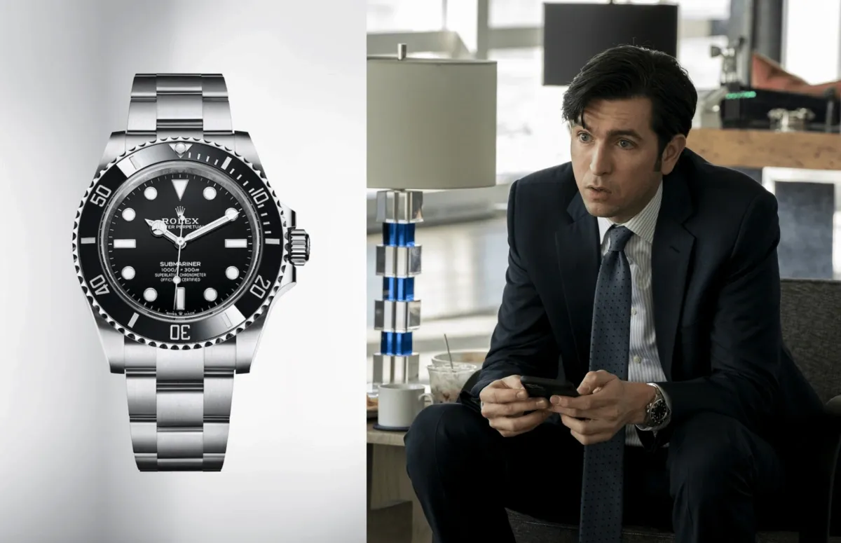 Rolex Submariner watch featured alongside a suited man wearing the same model on his wrist in an office setting.