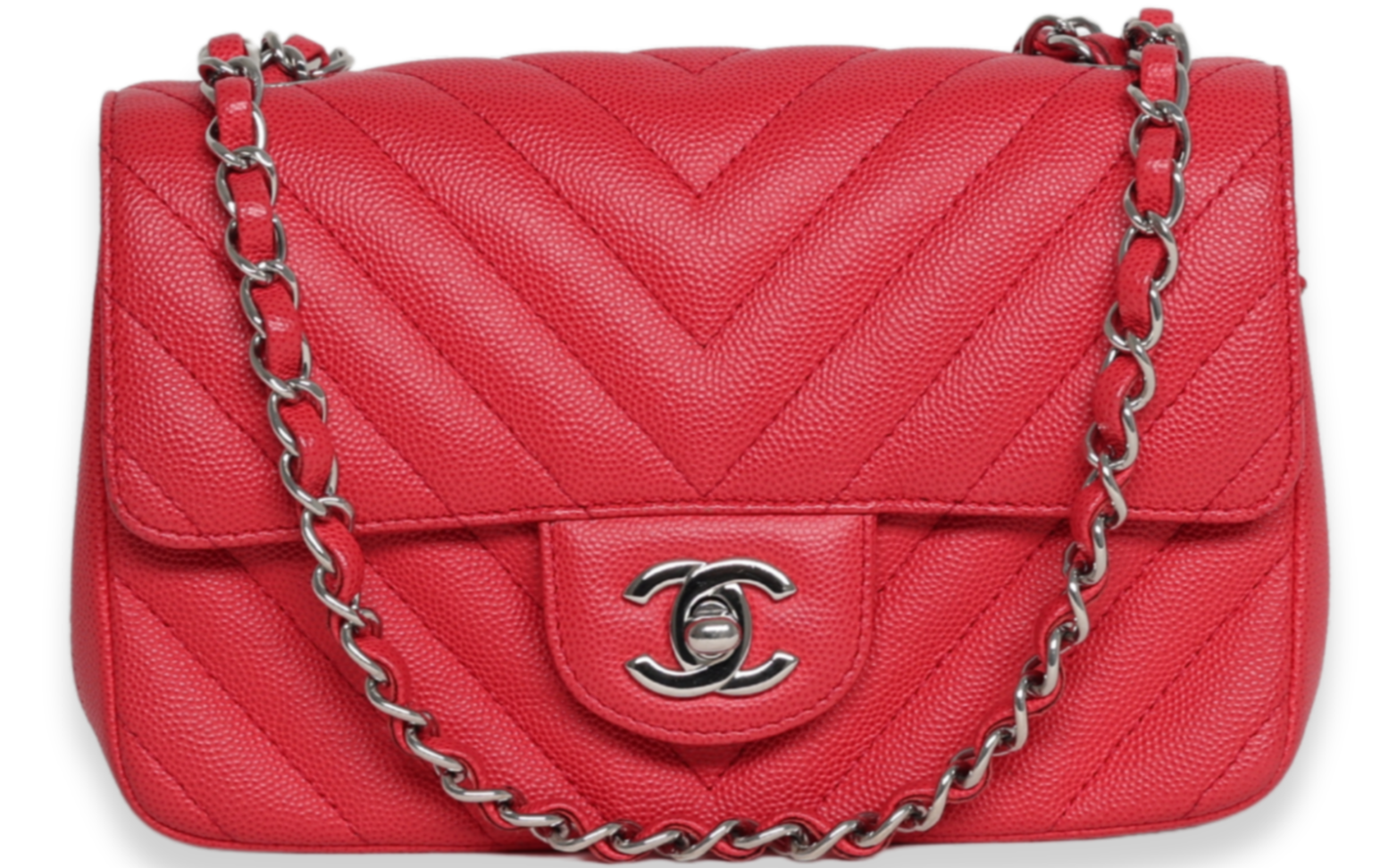 Chanel - Caviar Chevron Quilted Mini Rectangular Flap Red (Pre-Owned)