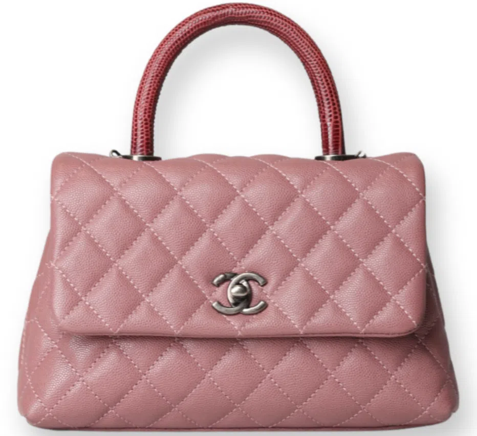 Chanel - Coco Handle Small Flap Bag Pink Caviar Leather/Lizard Top Handle (Pre-Owned)