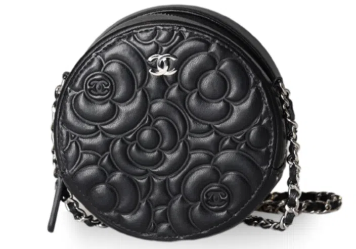 Chanel - Camellia Embossed Coin Purse Black Lambskin Silver Hardware (Pre-Owned)
