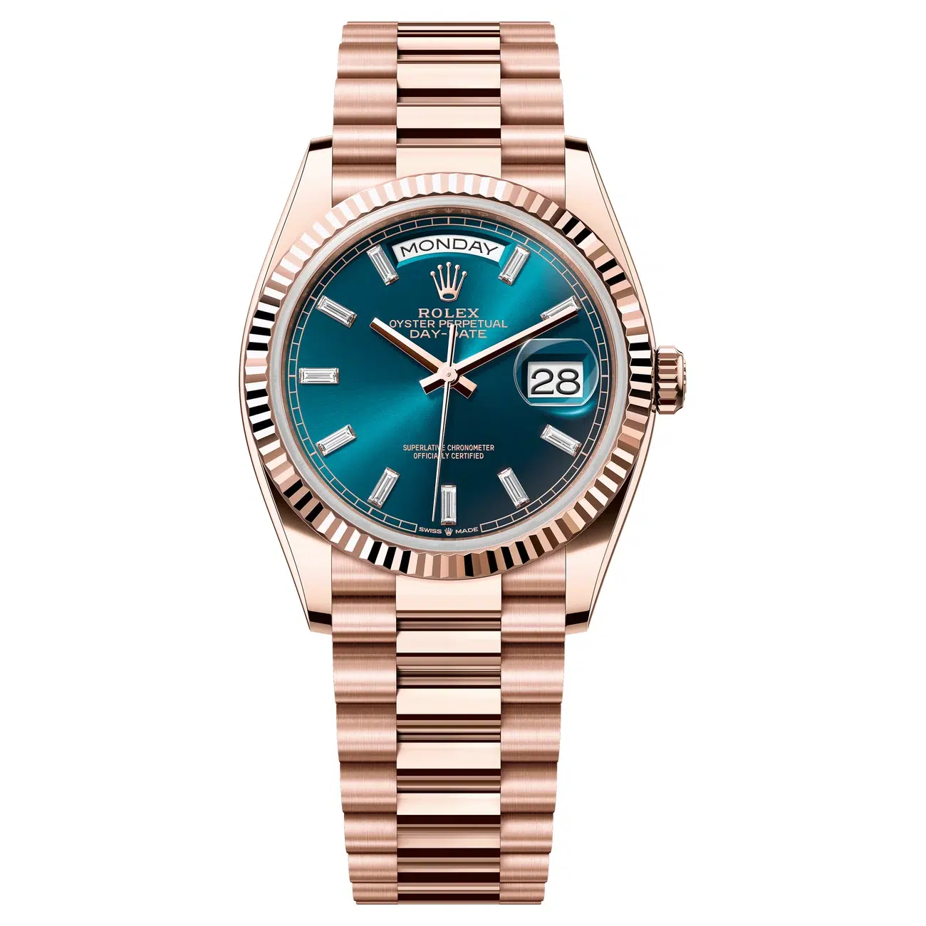 Rolex Day-Date 128235-0085 Blue-Green Dial 36 MM Rose Gold President Bracelet