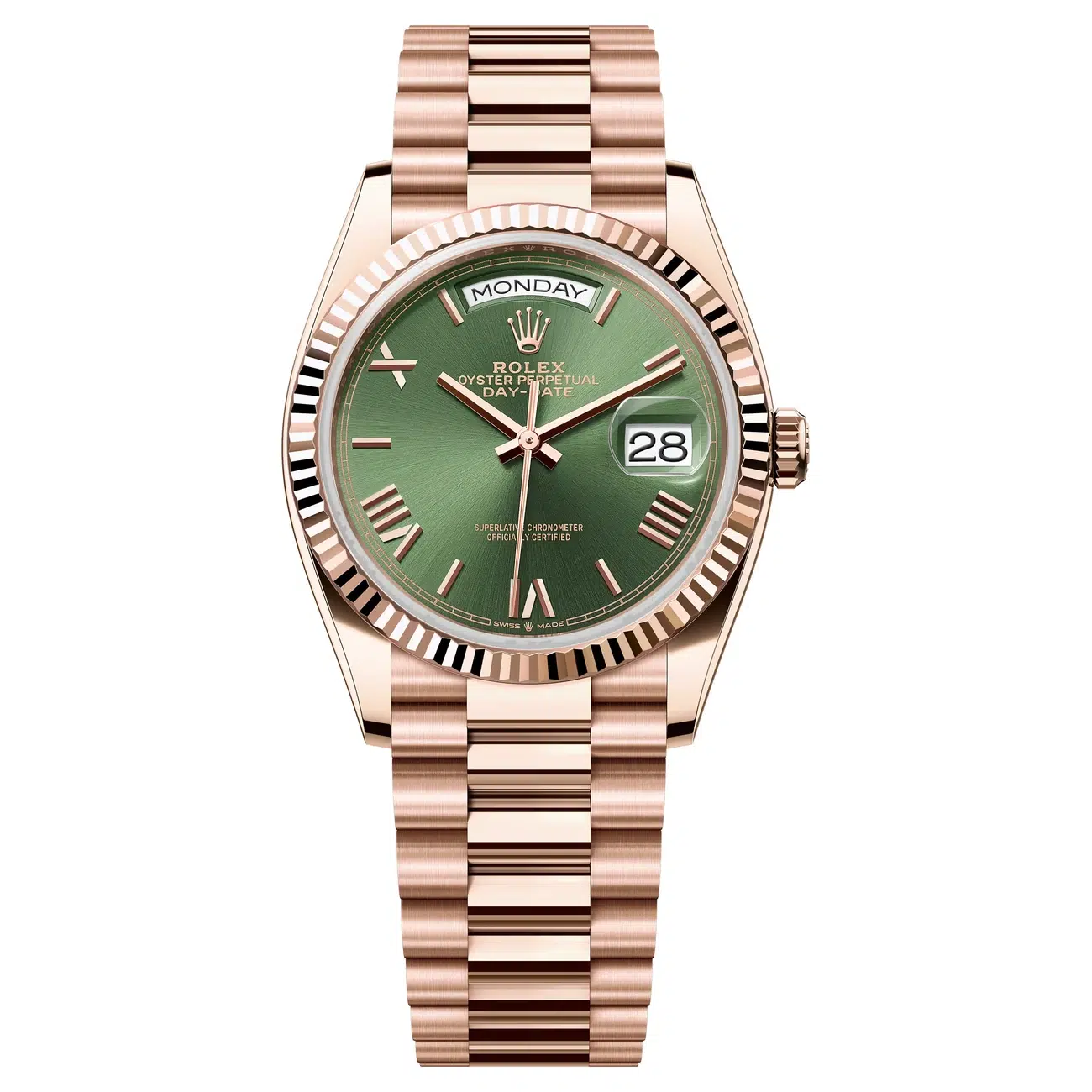 Rolex Day-Date 128235-0089 Olive Green Dial 36 MM Rose Gold President Bracelet