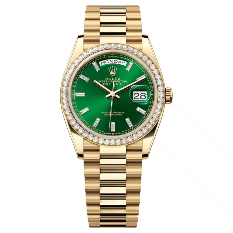 Rolex Day-Date 128348RBR-0078 Yellow Gold Green Dial Diamond Bezel