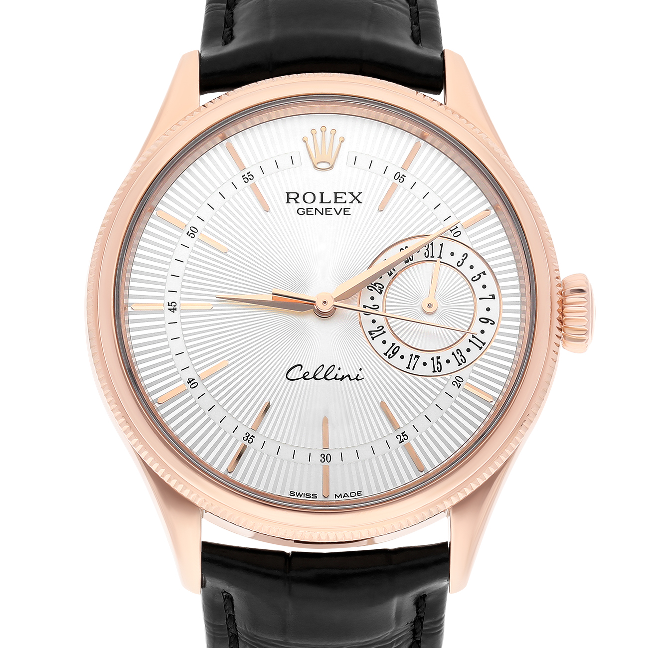 Rolex Cellini 50515-0008 39mm Silver Dial Leather Strap Rose Gold Watch