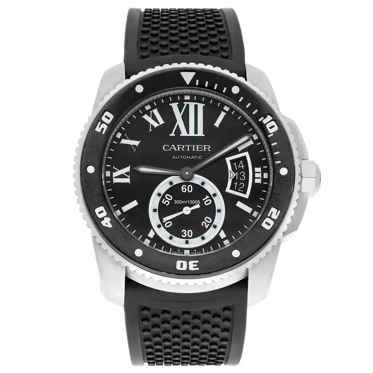 Cartier Calibre de Cartier W7100056 Automatic Diver Black Dial Rubber Strap Men's Watch