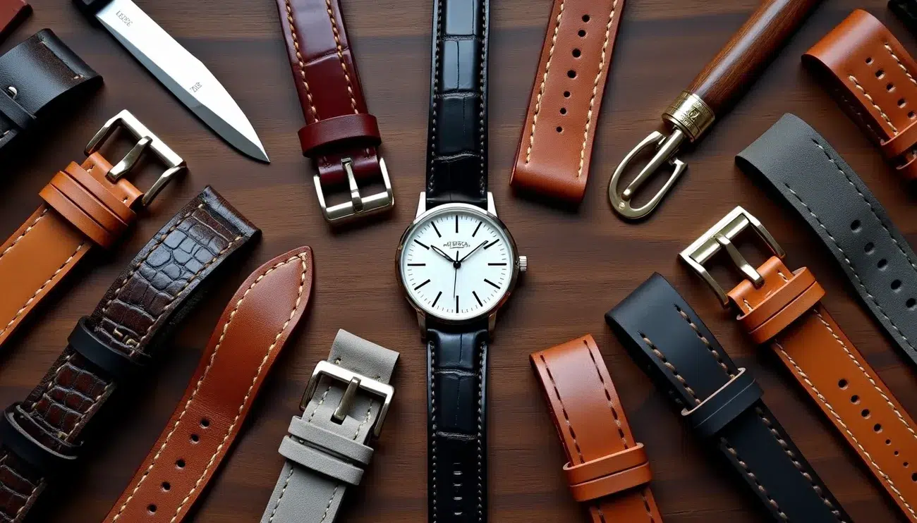 Various leather watch straps in different colors and textures arranged around a classic watch and leather tools on wood.