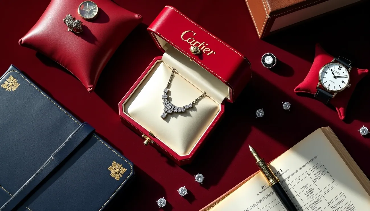 Cartier diamond necklace in a red box surrounded by watches, jewelry, a pen, and an open book on a red surface.
