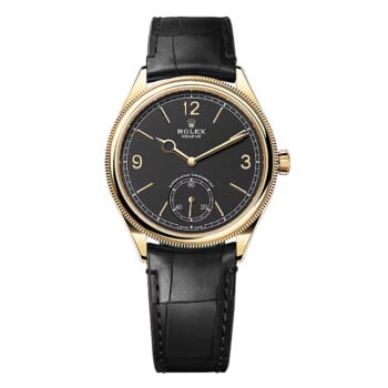 Rolex 1908 52508-0002 Fluted Bezel Black Index Arabic Dial Leather Strap Yellow Gold Watch 2025