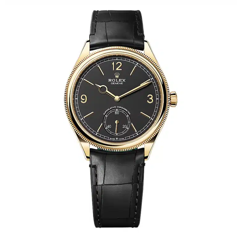 Rolex 1908 52508-0002 Fluted Bezel Black Index Arabic Dial Leather Strap Yellow Gold Watch
