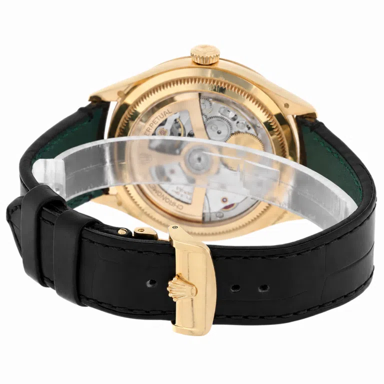 Rolex 1908 52508-0002 Fluted Bezel Black Index Arabic Dial Leather Strap Yellow Gold Watch – image 9