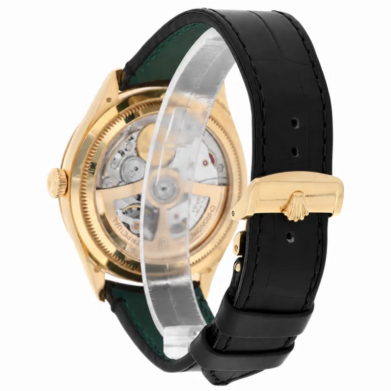 Rolex 1908 52508-0002 Fluted Bezel Black Index Arabic Dial Leather Strap Yellow Gold Watch – image 8