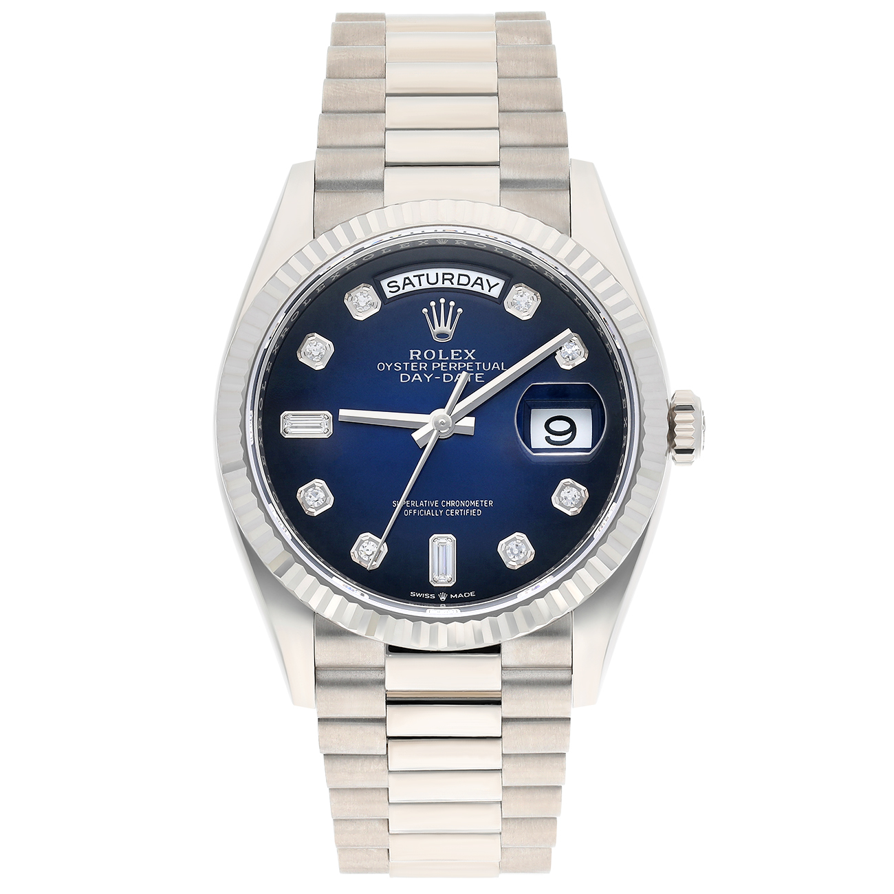 Rolex Day-Date 128239-0023 36mm President Blue Diamond Dial White Gold Watch 2023