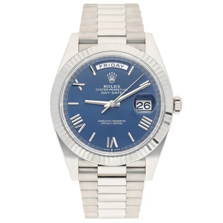 Rolex Day-Date 228239-0007 40mm President Blue Roman Dial White Gold Watch 2022