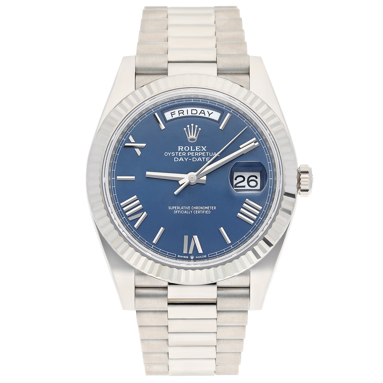 Rolex Day-Date 228239-0007 40mm President Blue Roman Dial White Gold Watch 2022