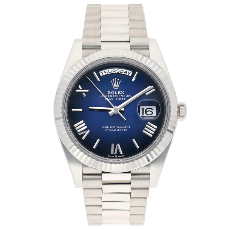 Rolex Day-Date 40mm 228239-0076 Blue Ombre Roman Dial White Gold Watch 2024 – alternate view