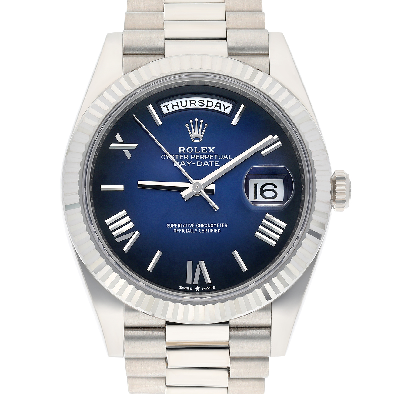 Rolex Day-Date 40mm 228239-0076 Blue Ombre Roman Dial White Gold Watch 2024
