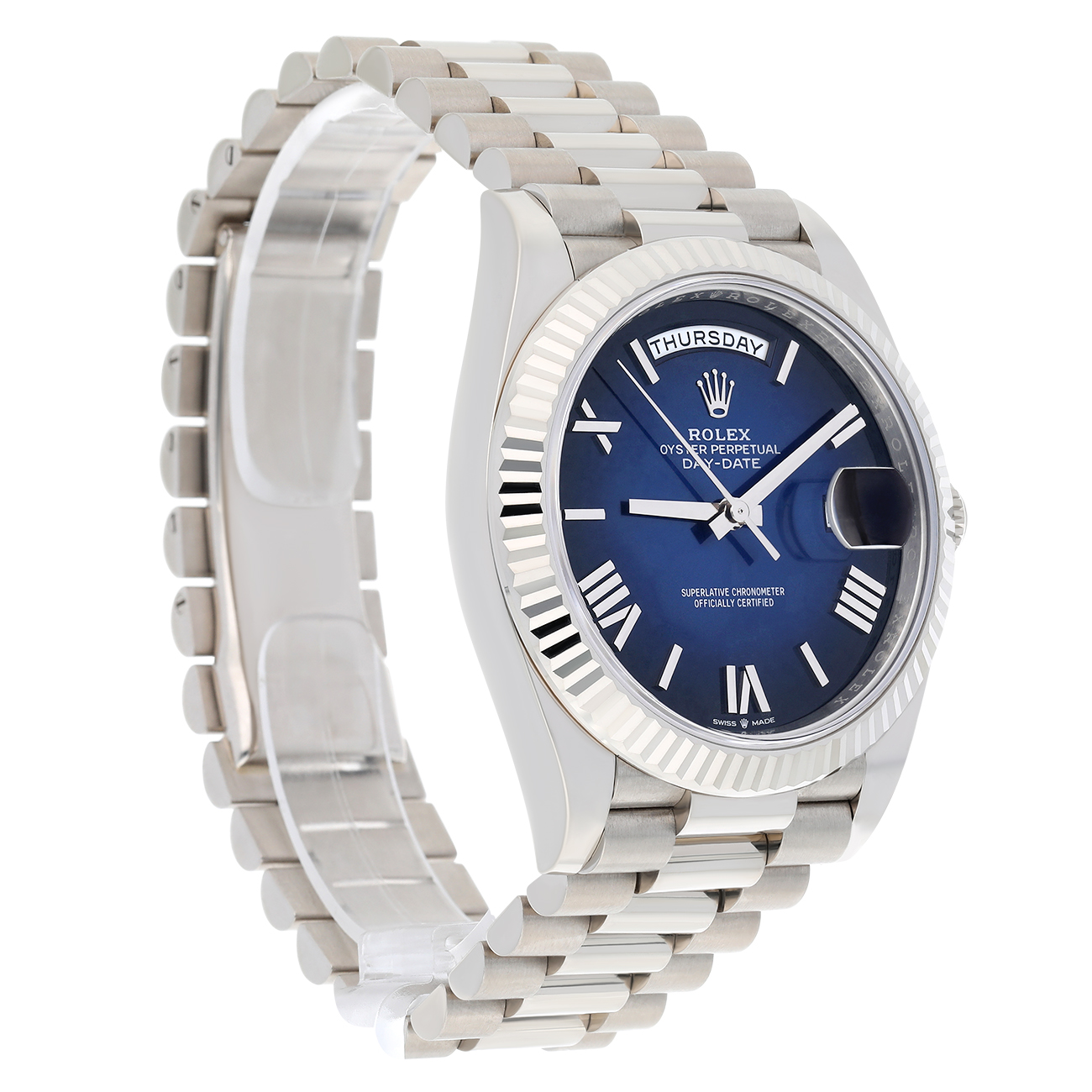 Rolex Day-Date 40mm 228239-0076 Blue Ombre Roman Dial White Gold Watch 2024