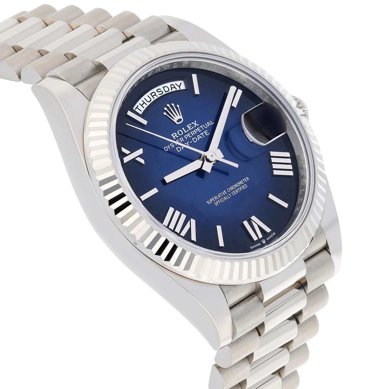 Rolex Day-Date 40mm 228239-0076 Blue Ombre Roman Dial White Gold Watch 2024