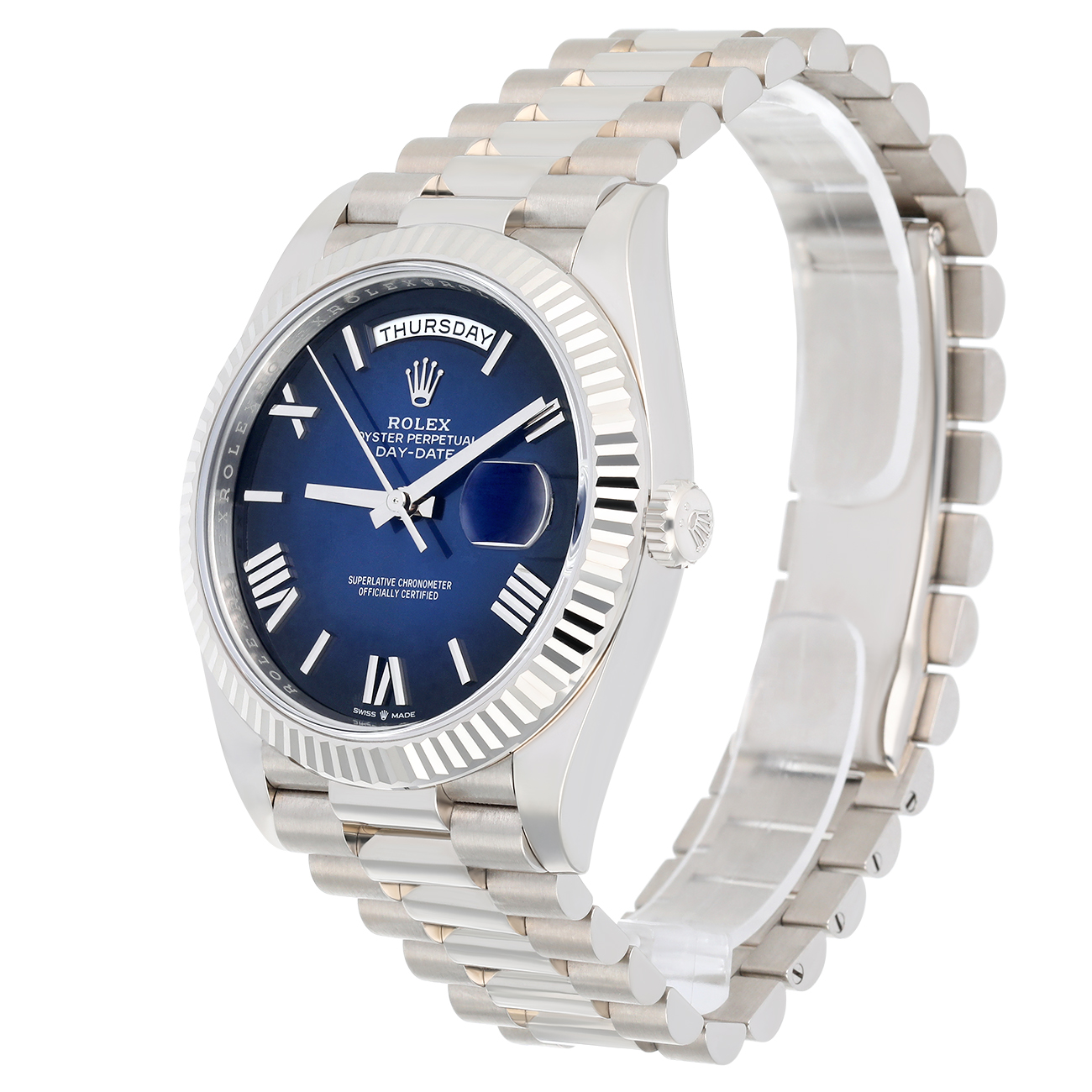 Rolex Day-Date 40mm 228239-0076 Blue Ombre Roman Dial White Gold Watch 2024