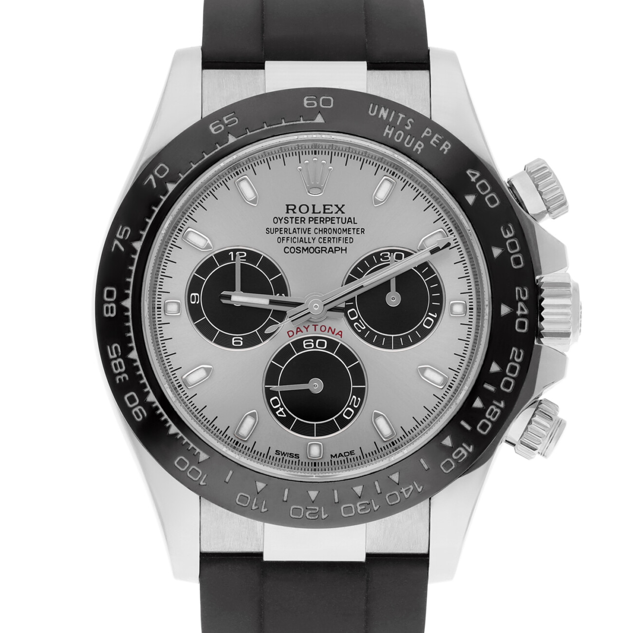Rolex Cosmograph Daytona 116519LN-0038 Silver Black Subs Dial Oysterflex White Gold Watch