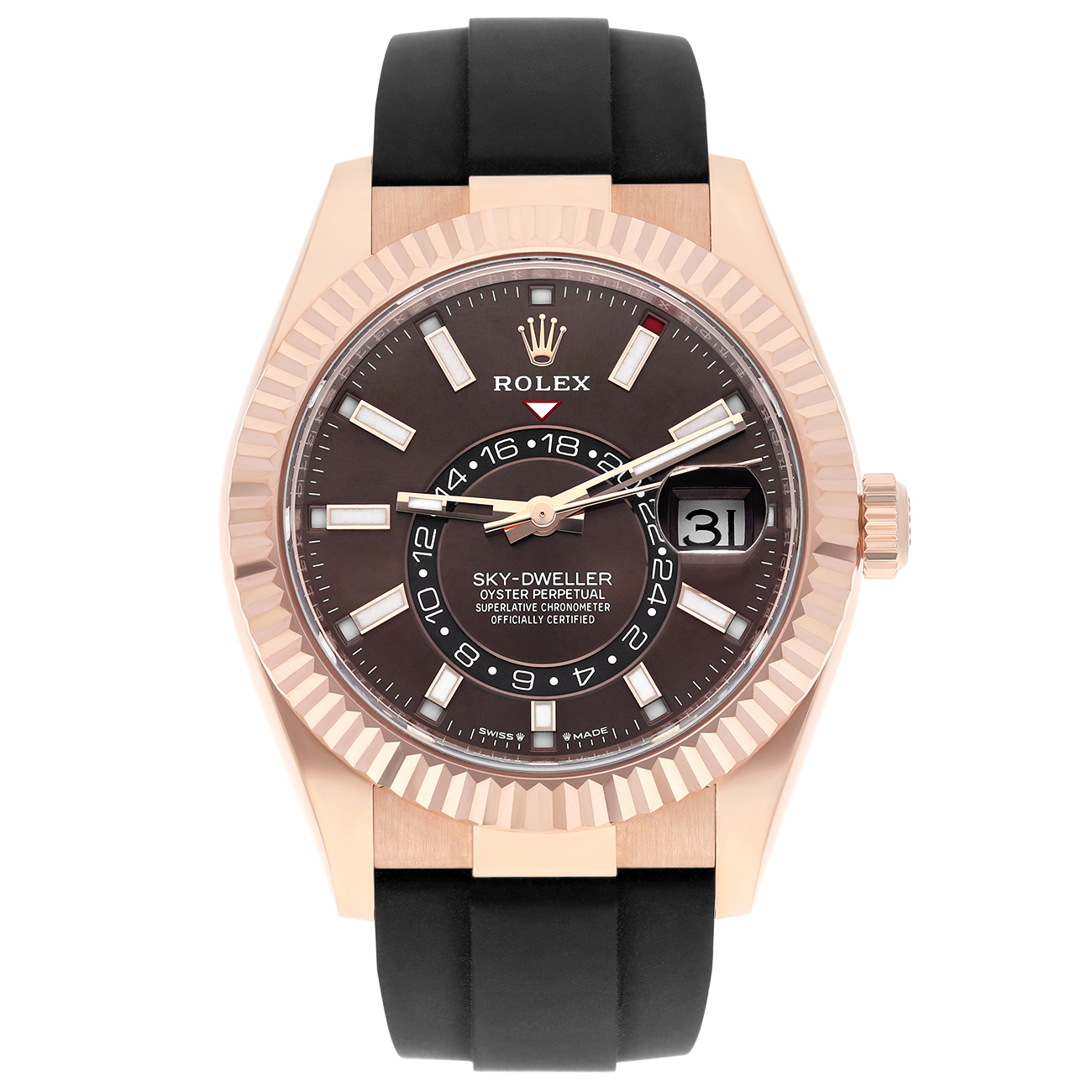 Rolex Sky-Dweller 336235-0002 Chocolate Index Dial Black Rubber Strap Rose Gold Watch - 2025