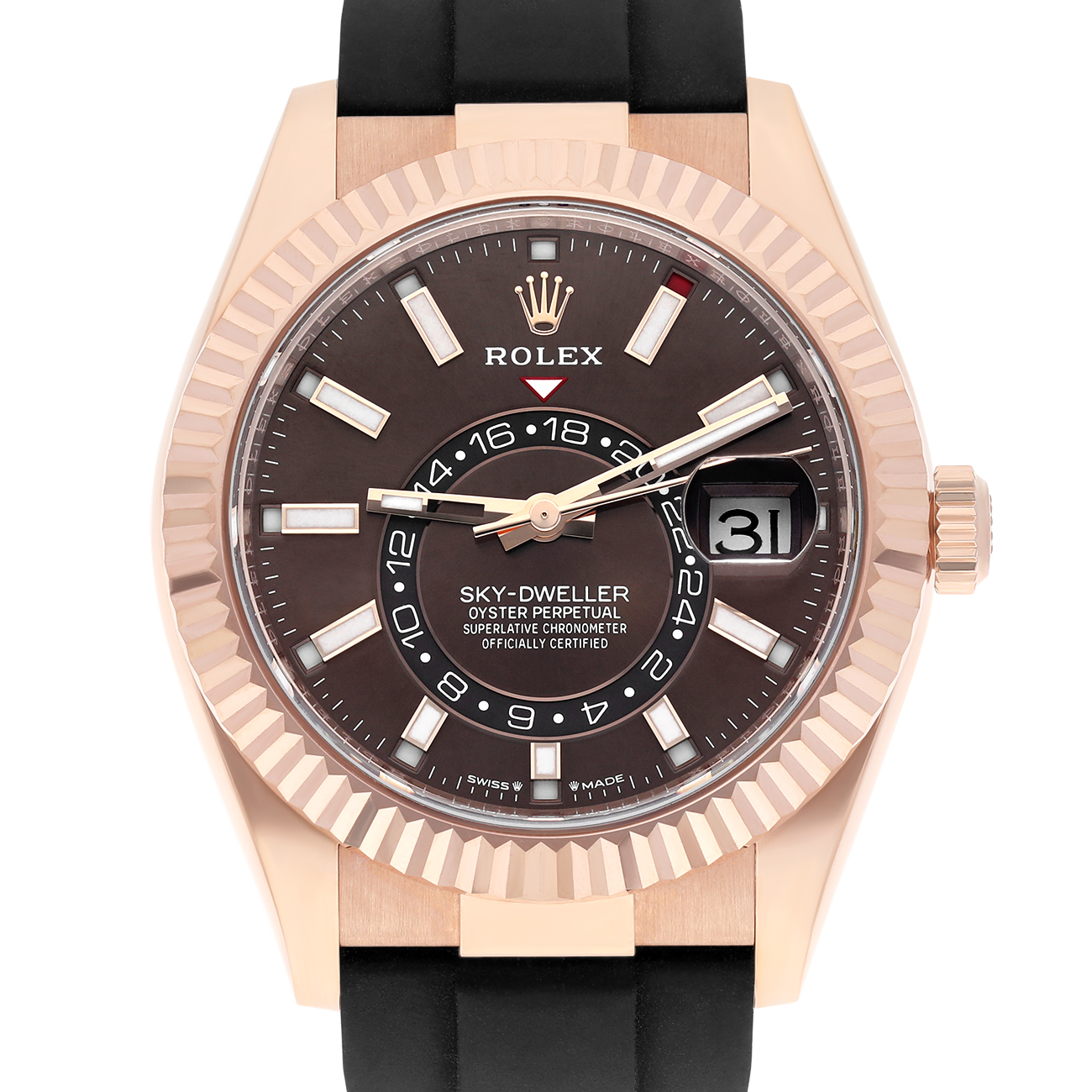 Rolex Sky-Dweller 336235-0002 Chocolate Index Dial Black Rubber Strap Rose Gold Watch - 2025