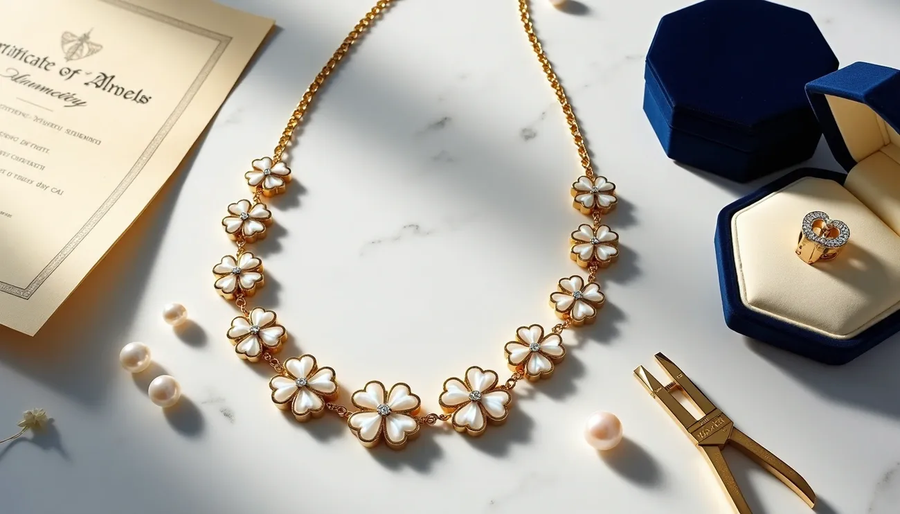 Van Cleef inspired floral gold necklace with pearls, ring in blue box, jewelry tool, and certificate on marble surface.
