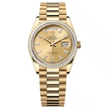 Rolex Day-Date 36 128398TBR-0037 champagne dial, yellow gold, baguette diamond bezel