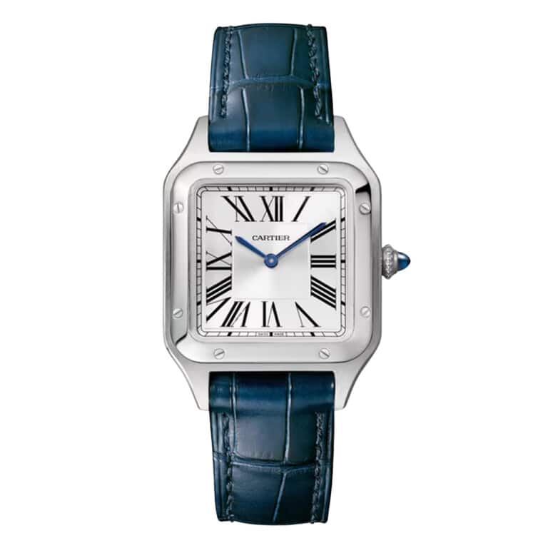 Cartier Santos Dumont WSSA0086 stainless steel watch, blue leather strap