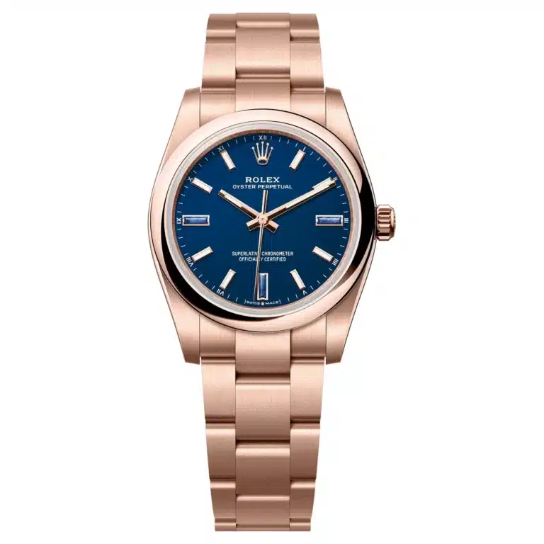 Rolex Oyster Perpetual 124205-0002 34mm Rose Gold with Blue Stone Dial