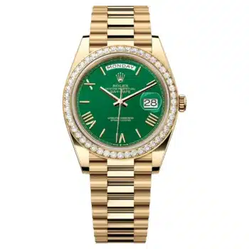Rolex Day Date 228348RBR-0040 Diamond Bezel President Yellow Gold With Green Roman Dial