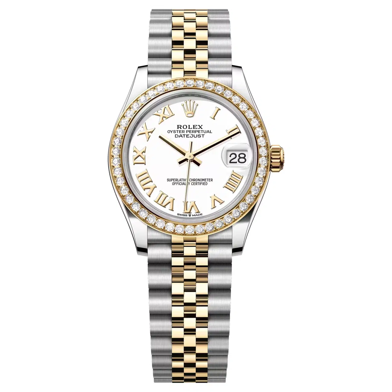 Rolex Datejust 278383RBR-0002 White Roman Dial Diamond Bezel Jubilee Bracelet