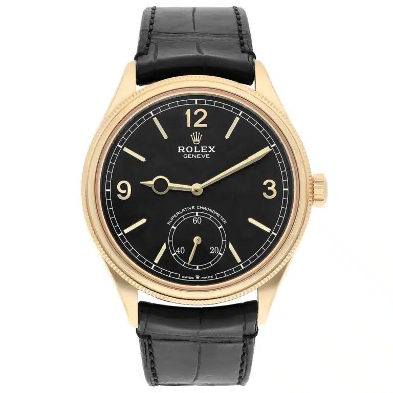 Rolex 1908 52508-0002 Fluted Bezel Black Index Arabic Dial Leather Strap Yellow Gold Watch – image 2