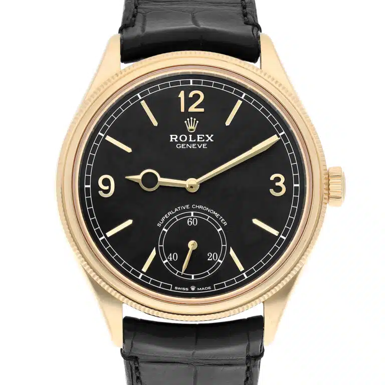 Rolex 1908 52508-0002 Fluted Bezel Black Index Arabic Dial Leather Strap Yellow Gold Watch – image 3