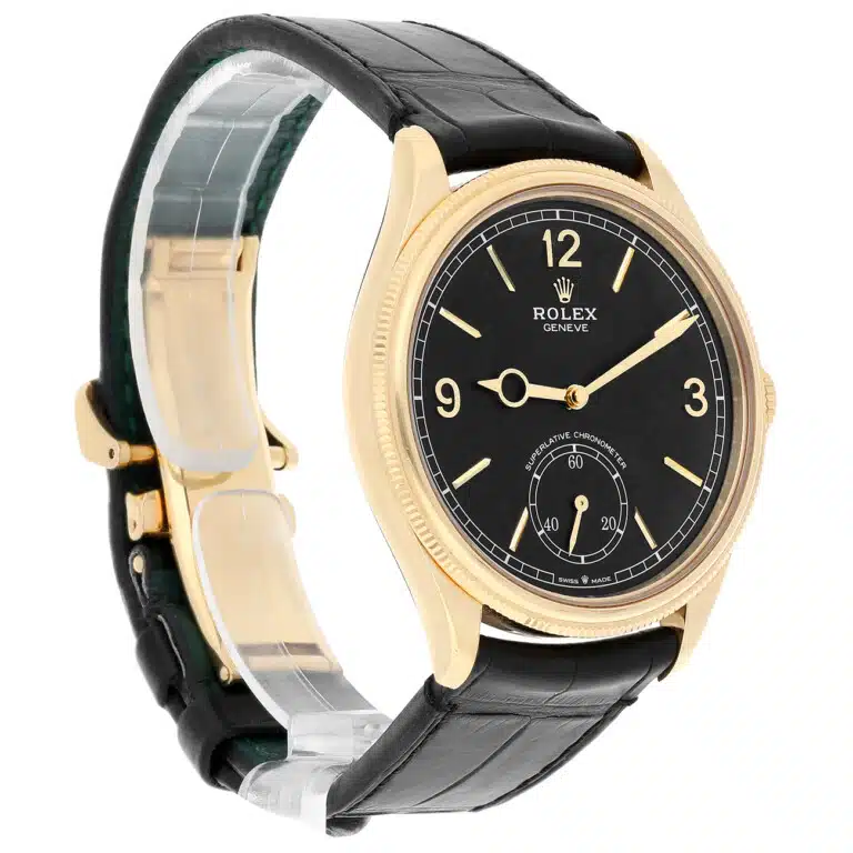 Rolex 1908 52508-0002 Fluted Bezel Black Index Arabic Dial Leather Strap Yellow Gold Watch – image 7