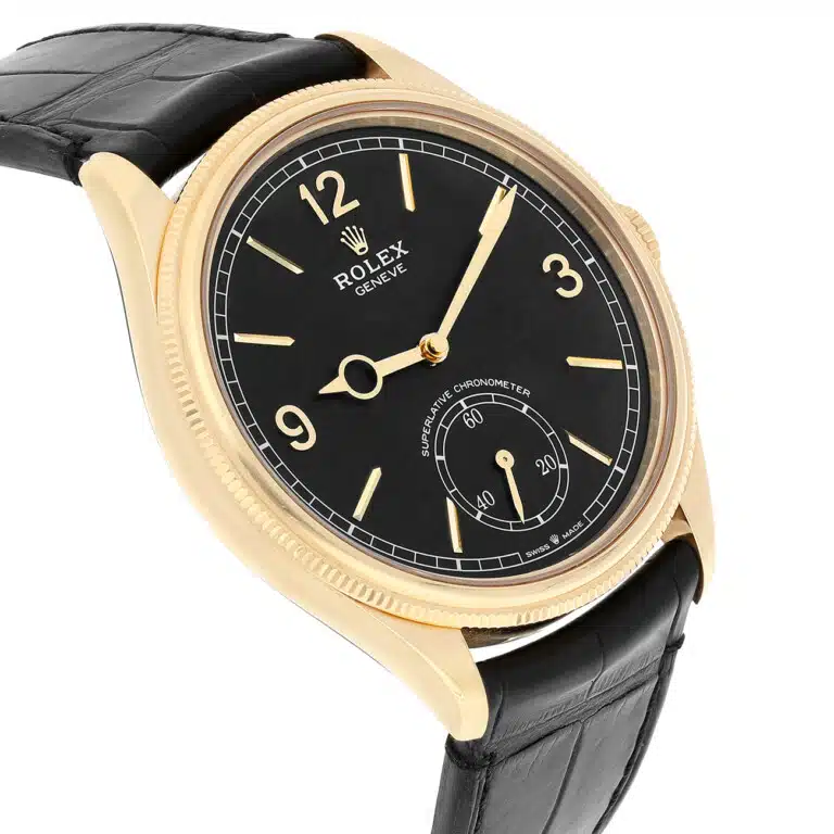 Rolex 1908 52508-0002 Fluted Bezel Black Index Arabic Dial Leather Strap Yellow Gold Watch – image 6
