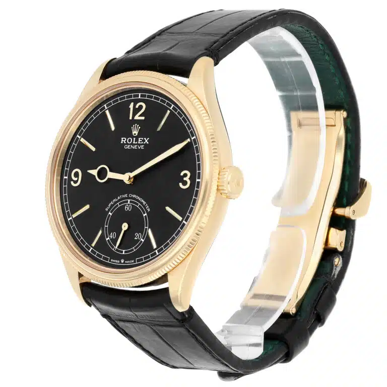 Rolex 1908 52508-0002 Fluted Bezel Black Index Arabic Dial Leather Strap Yellow Gold Watch – image 5