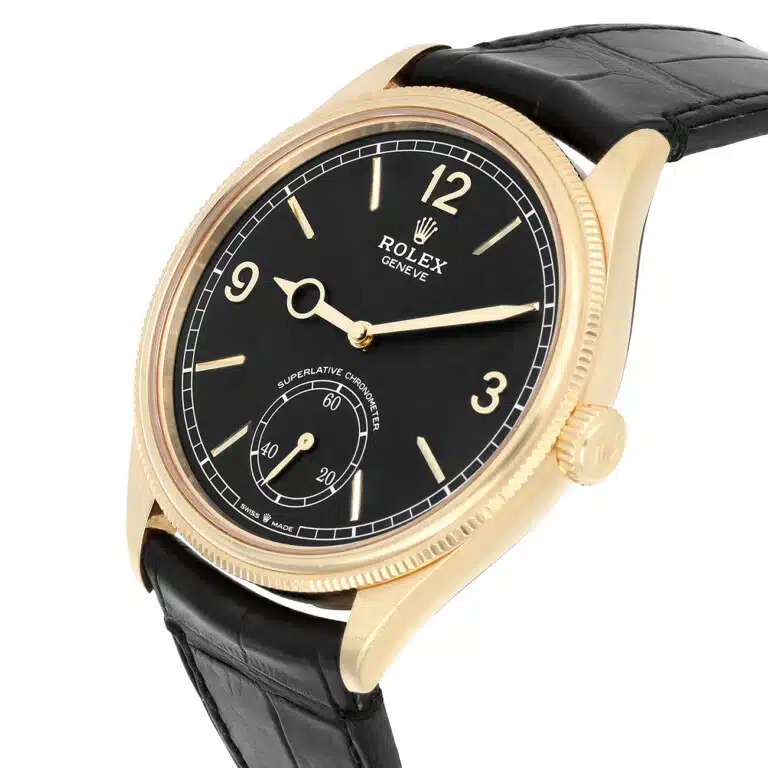 Rolex 1908 52508-0002 Fluted Bezel Black Index Arabic Dial Leather Strap Yellow Gold Watch – image 4