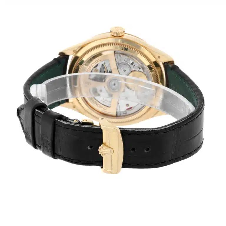 Rolex 1908 52508-0002 Fluted Bezel Black Index Arabic Dial Leather Strap Yellow Gold Watch – image 8