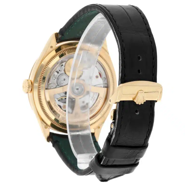 Rolex 1908 52508-0002 Fluted Bezel Black Index Arabic Dial Leather Strap Yellow Gold Watch – image 9