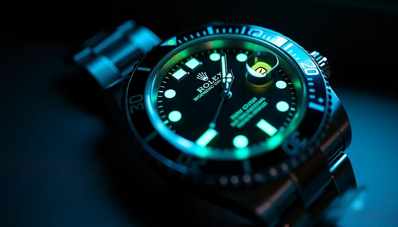 Close-up of a Rolex watch glowing in the dark, highlighting its luminous hour markers and hands.