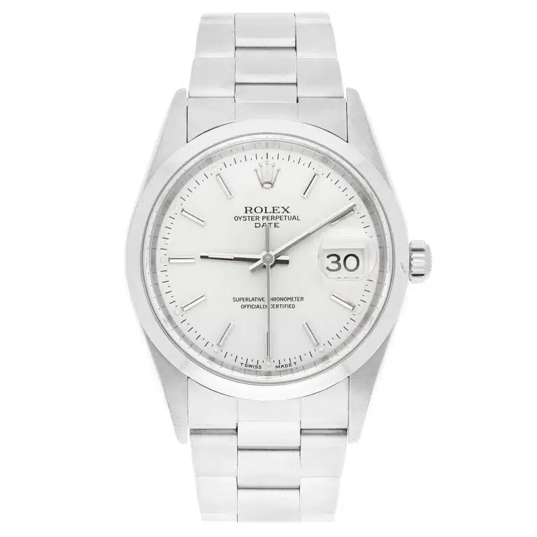 Rolex Date 34mm Stainless Steel Watch Oyster Band Silver Dial 15200