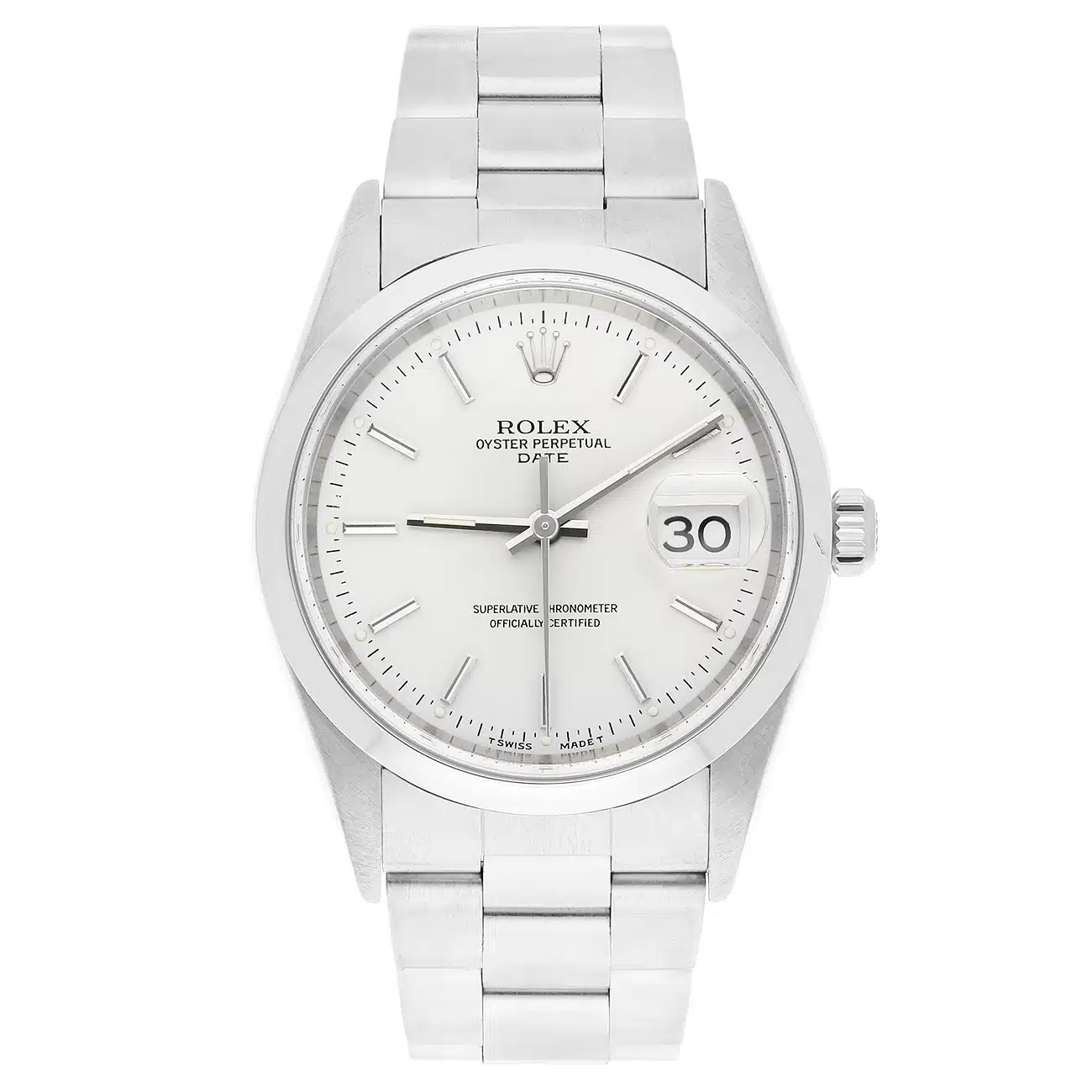 Rolex Date 34mm Stainless Steel Watch Oyster Band Silver Dial 15200