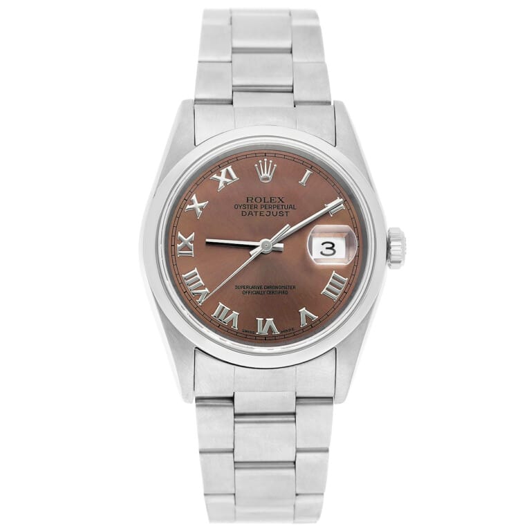 Rolex Datejust 16200 36mm Brown Roman Dial Smooth Bezel Oyster Bracelet Stainless Steel Watch