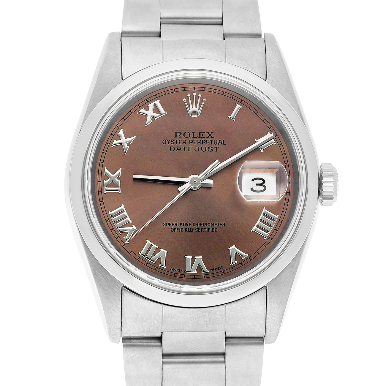 Rolex Datejust 16200 36mm Brown Roman Dial Smooth Bezel Oyster Bracelet Stainless Steel Watch