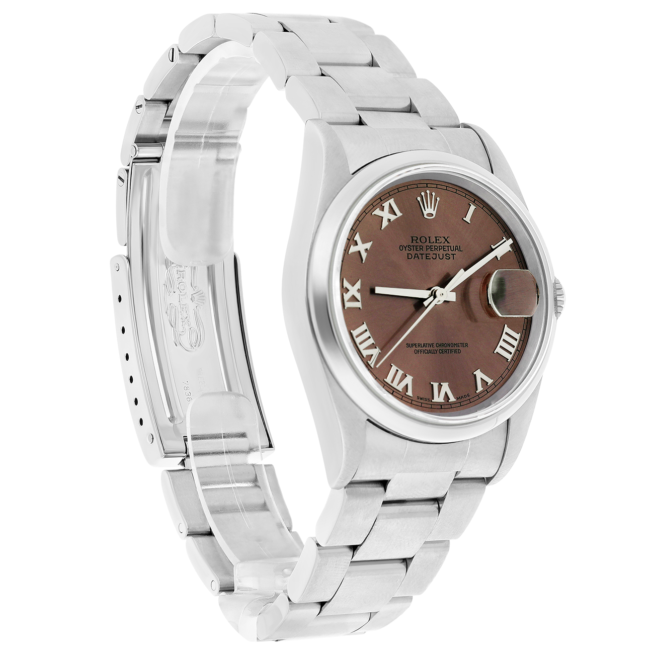Rolex Datejust 16200 36mm Brown Roman Dial Smooth Bezel Oyster Bracelet Stainless Steel Watch