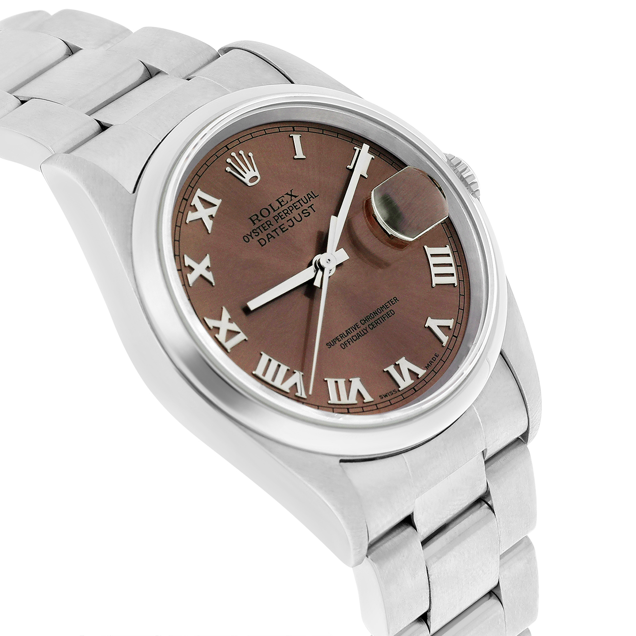 Rolex Datejust 16200 36mm Brown Roman Dial Smooth Bezel Oyster Bracelet Stainless Steel Watch