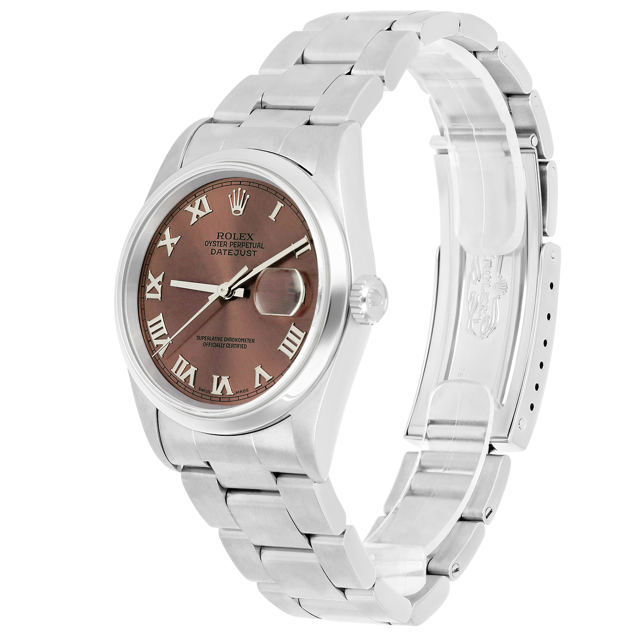 Rolex Datejust 16200 36mm Brown Roman Dial Smooth Bezel Oyster Bracelet Stainless Steel Watch
