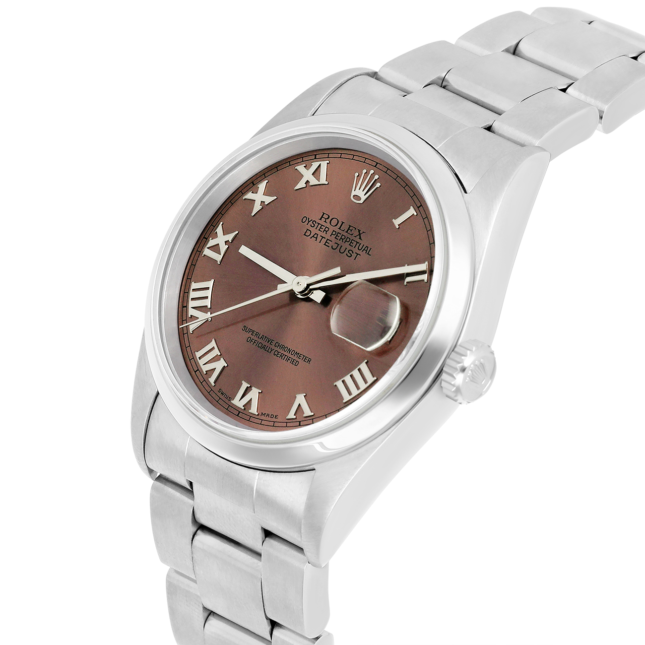 Rolex Datejust 16200 36mm Brown Roman Dial Smooth Bezel Oyster Bracelet Stainless Steel Watch